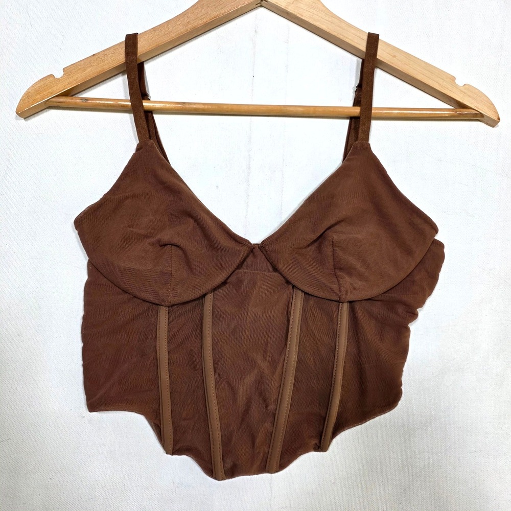 Tic Toc Corset Top Women Size L Brown Mesh Bustier Boned Hook Eye Camisole Sexy